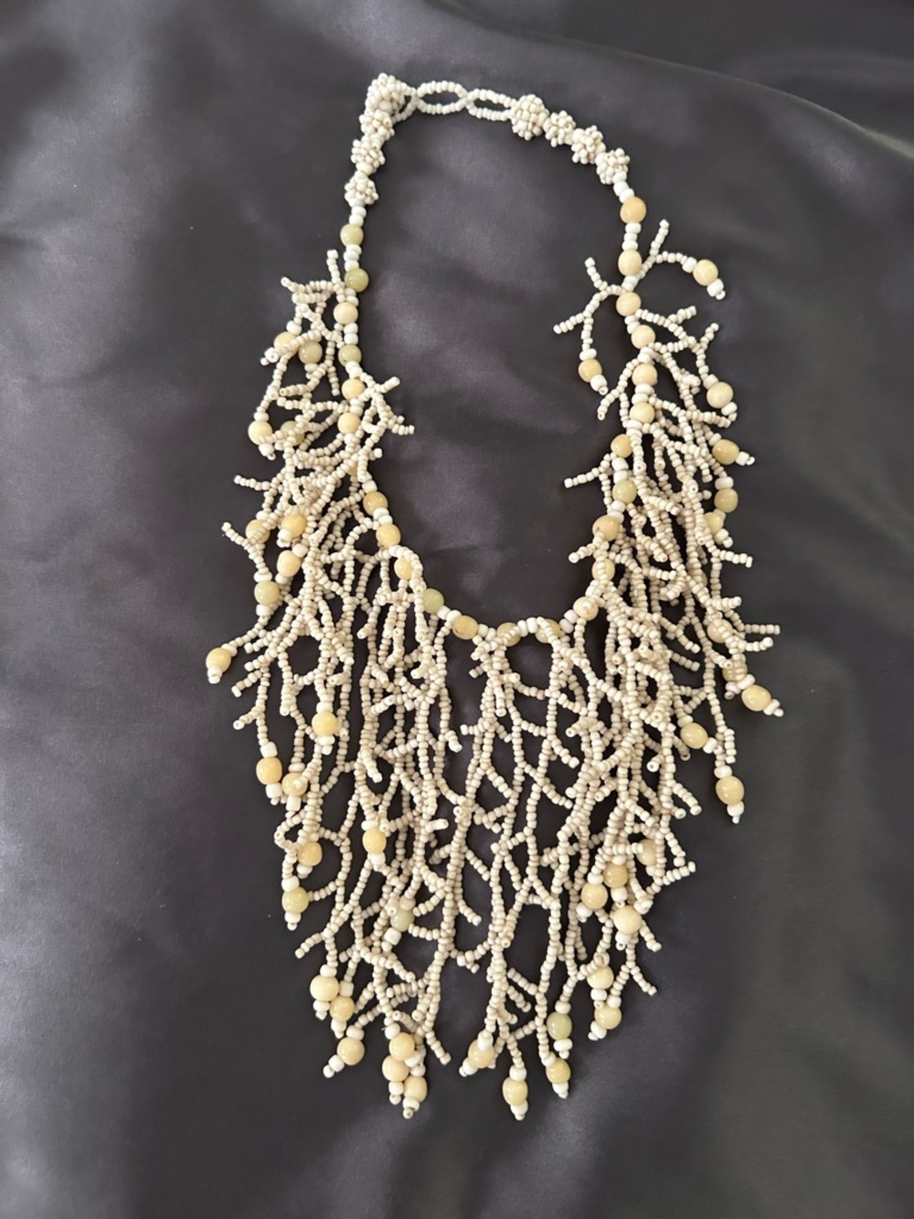 Handcrafted Cream Beaded Fringe Necklace